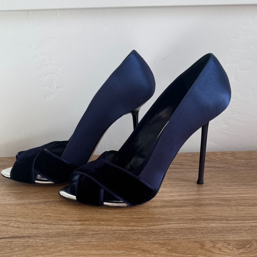 Gianmarco Lorenzi Blue Silk & Velvet Stiletto Heels Made in Italy Size EU 37.5